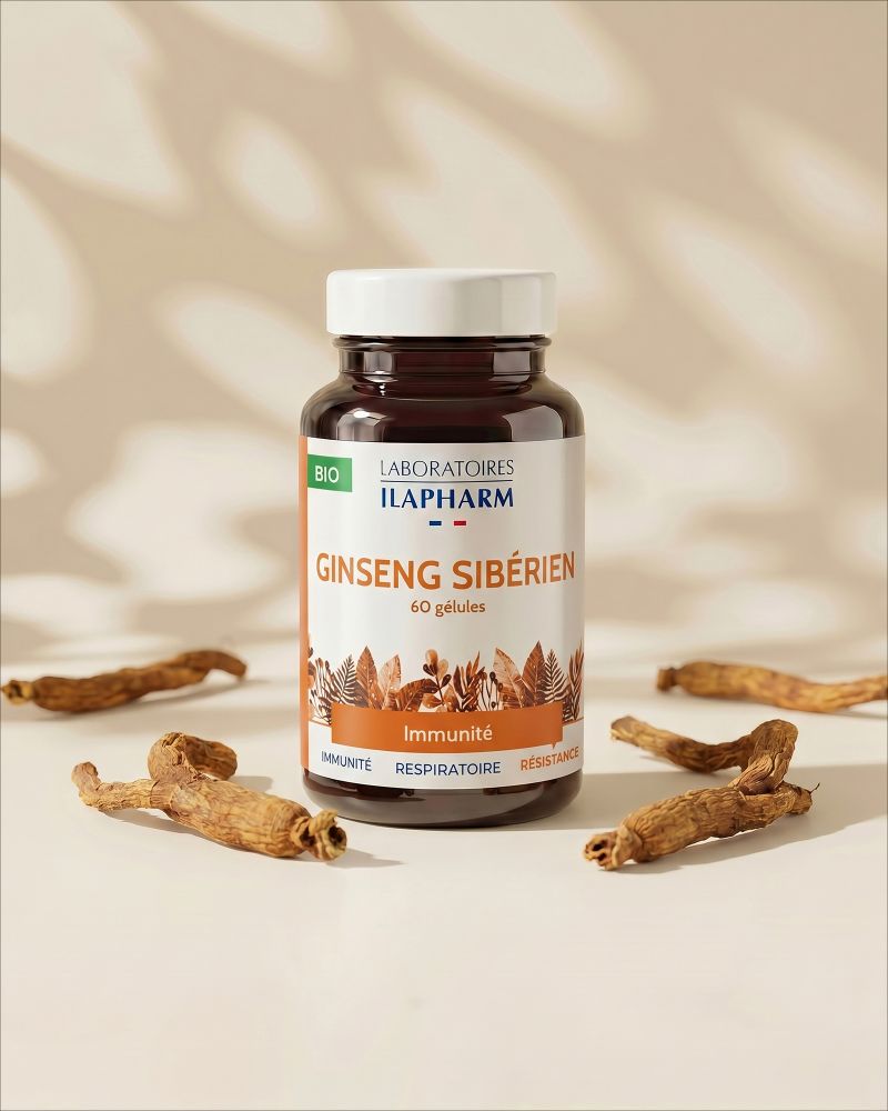 GINSENG SIBERIEN BIO ILAPHARM 60 GELULES VUE FACE GINSENG SIBERIEN BIO ILAPHARM 60 GELULES VUE FACE