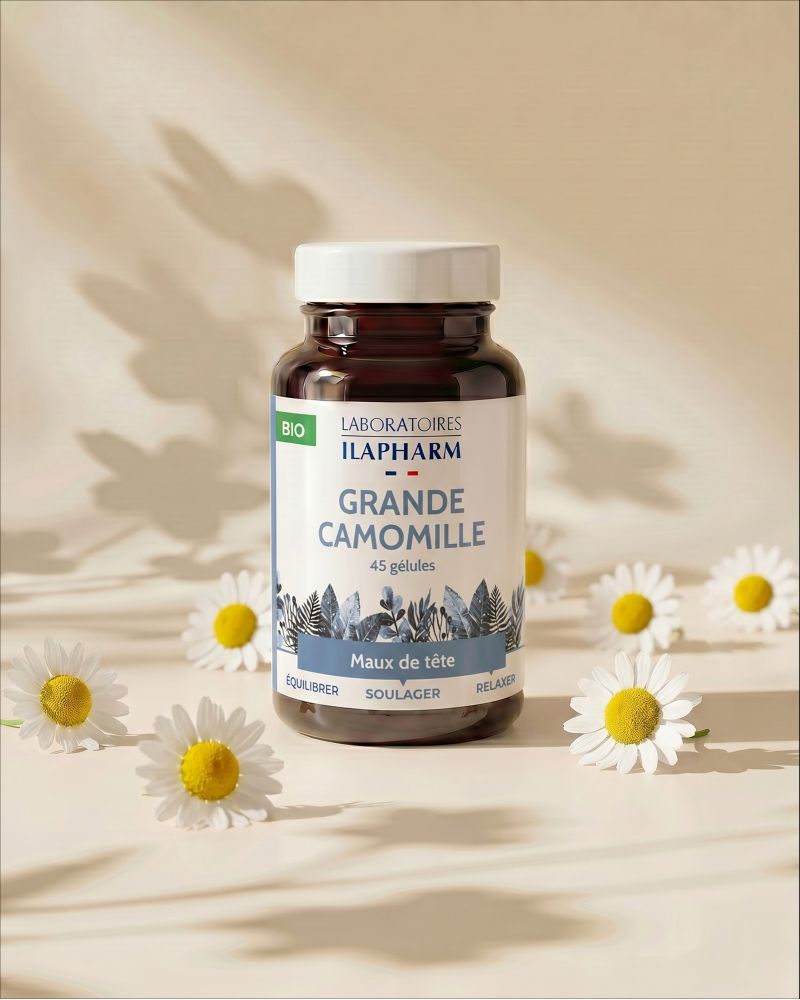 GRANDE CAMOMILLE BIO  60 Gelules ILAPHARM COMPLEMENT ALIMENTAIRE VUE DE FACE