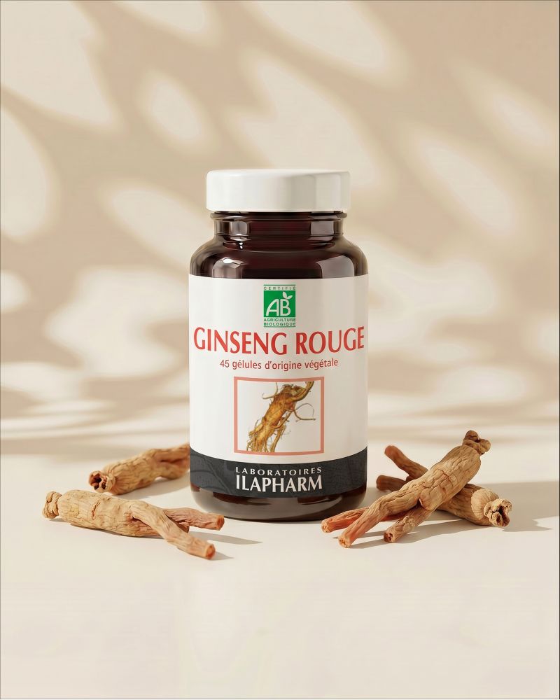 GINSENG ROUGE BIO  45 Gelules ILAPHARM COMPLEMENT ALIMENTAIRE VUE DE FACE