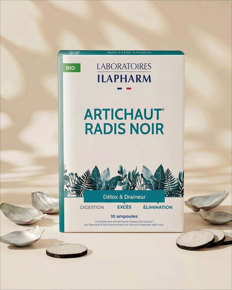 ARTICHAUT RADIS NOIR BIO  10 ampoules ILAPHARM COMPLEMENT ALIMENTAIRE VUE DE FACE