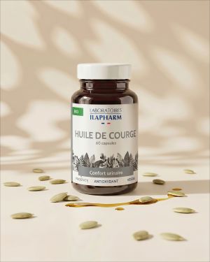 HUILE DE COURGE BIO 60 CAPSULES ILAPHARM COMPLEMENT ALIMENTAIRE VUE DE FACE
