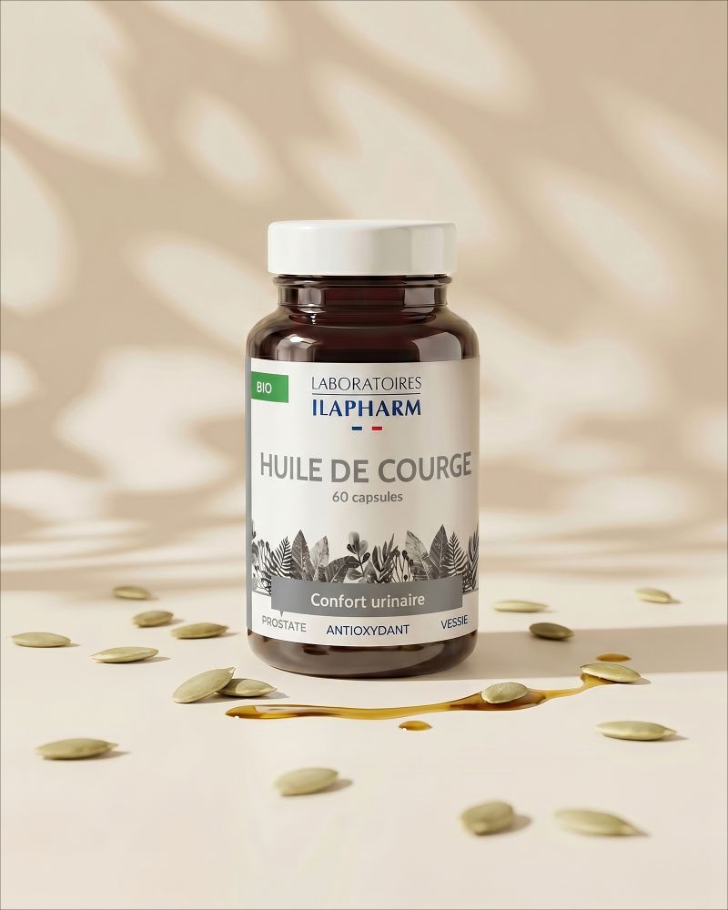 HUILE DE COURGE BIO 60 CAPSULES ILAPHARM COMPLEMENT ALIMENTAIRE VUE DE FACE