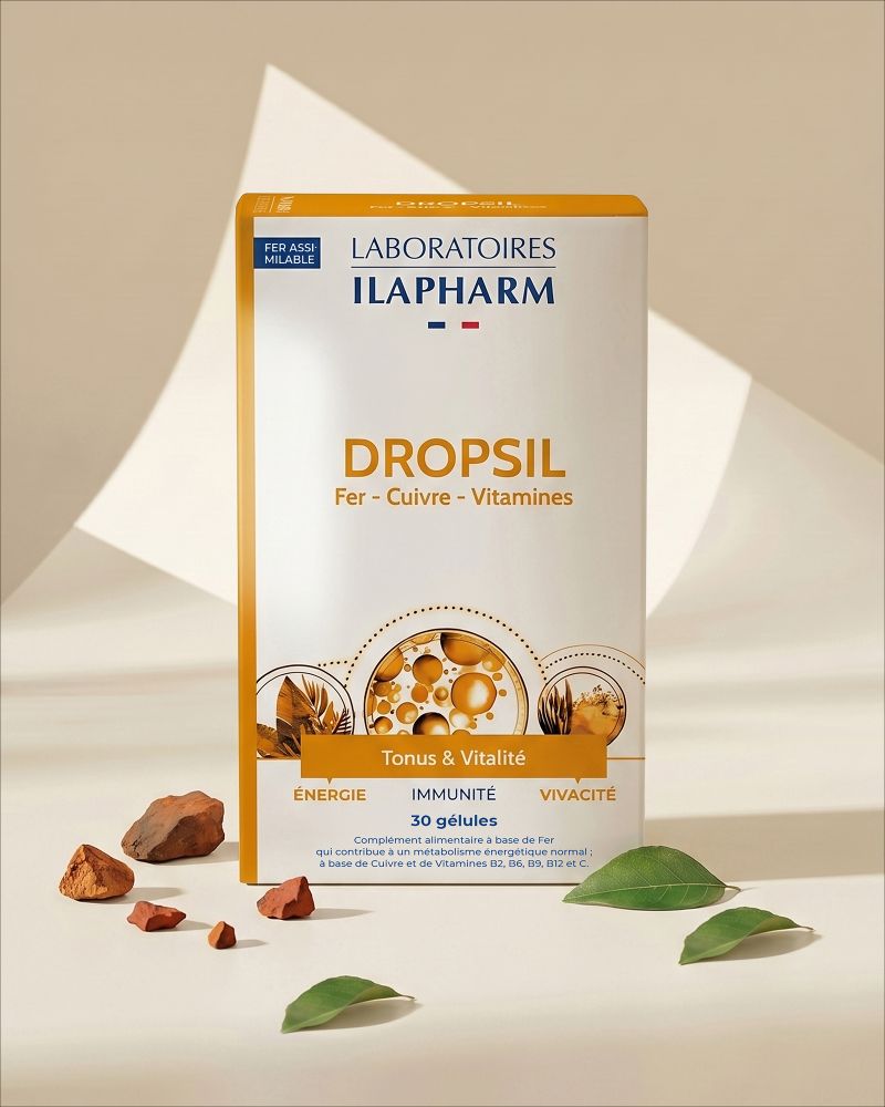 DROPSIL FER CUIVRE VITAMINES 30 GELULES ILAPHARM COMPLEMENT ALIMENTAIRE VUE DE FACE DROPSIL FER CUIVRE VITAMINES 30 GELULES ILAPHARM COMPLEMENT ALIMENTAIRE VUE DE FACE