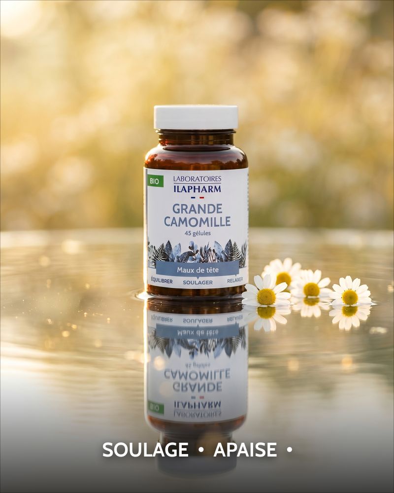 GRANDE CAMOMILLE BIO  60 Gelules ILAPHARM COMPLEMENT ALIMENTAIRE VUE DE FACE