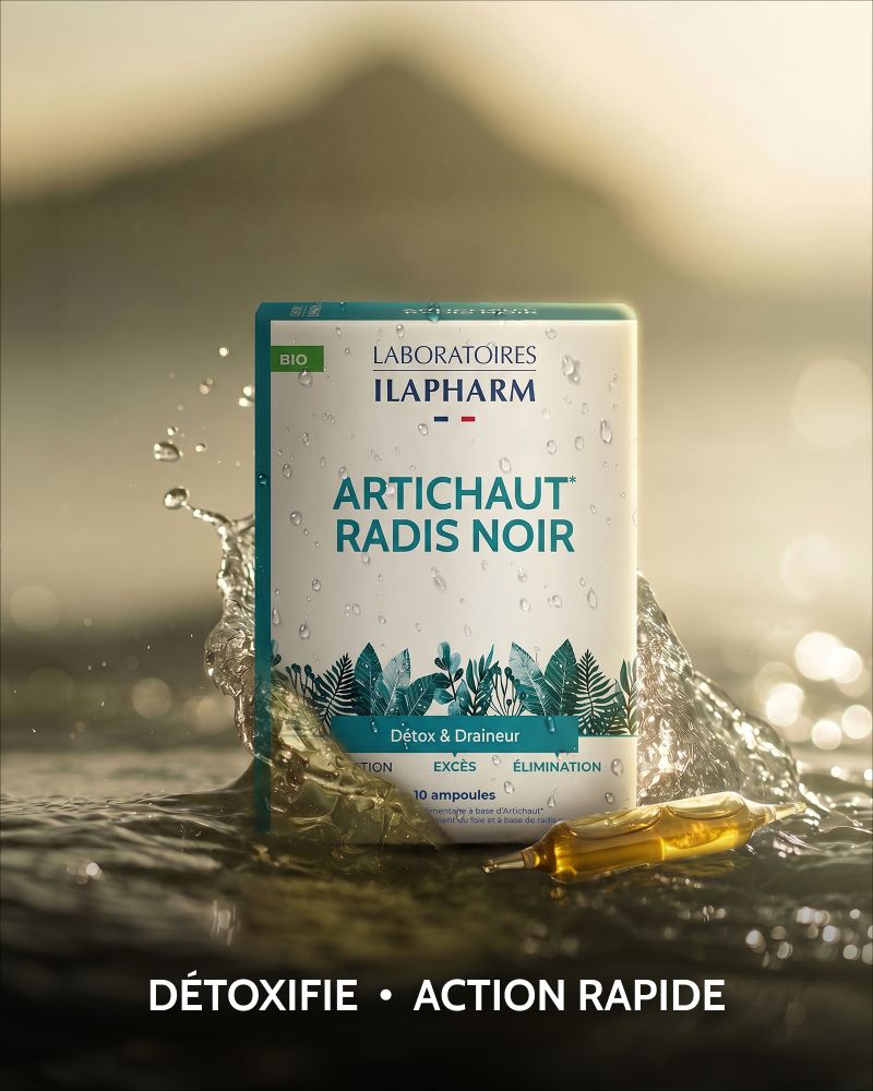 ARTICHAUT RADIS NOIR BIO  10 ampoules ILAPHARM COMPLEMENT ALIMENTAIRE VUE DE FACE